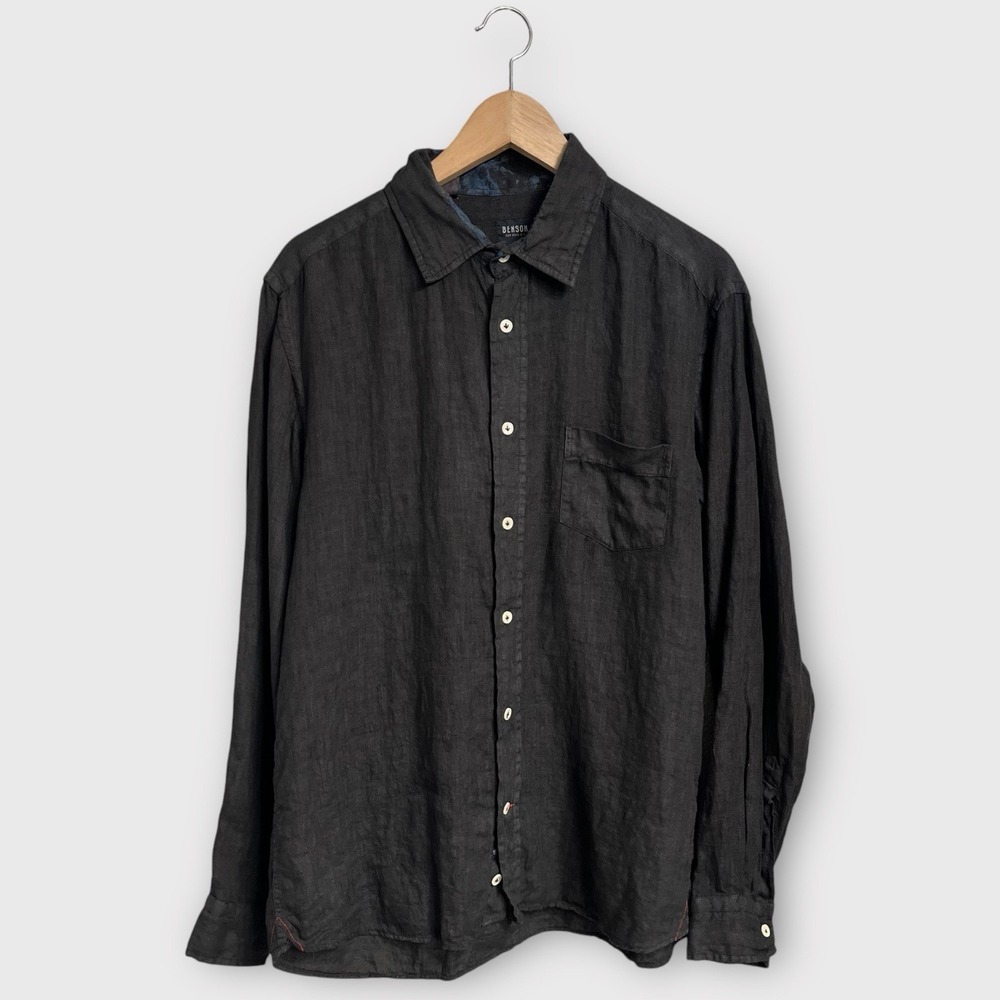 Benson New York 100% Linen Black Shirt Long Sleeve Men's Medium Summer Wedding